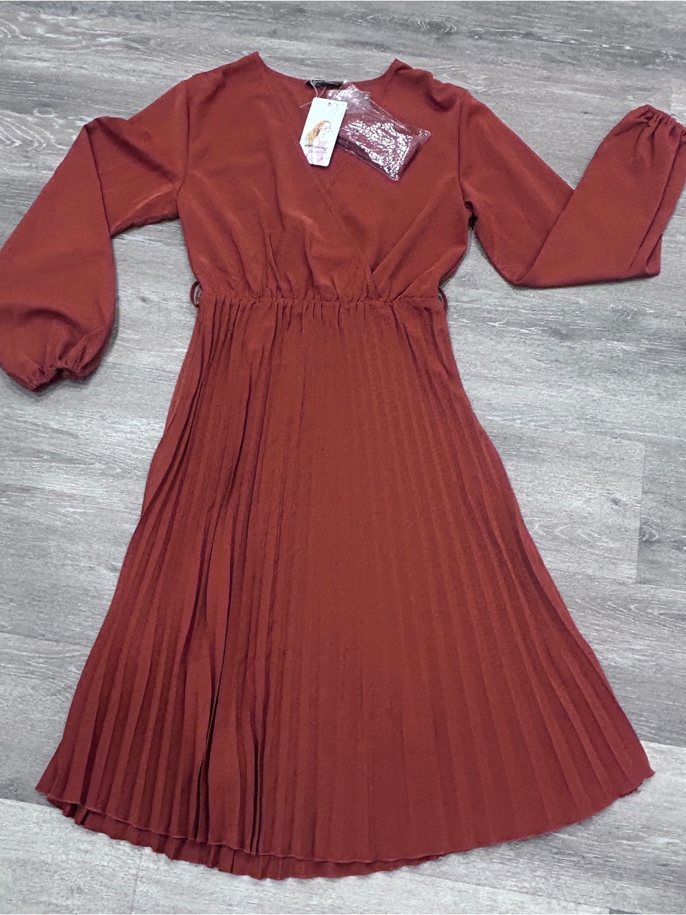 PrettyGarden Rust Pleated Midi Dress • 

Long Sleeve •Elastic Waist • NWT Size S